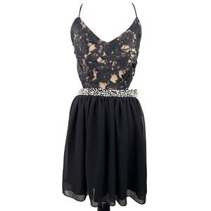 Jodi Kristopher Lace Studded Halter Backless Black Cocktail Dress Size 7